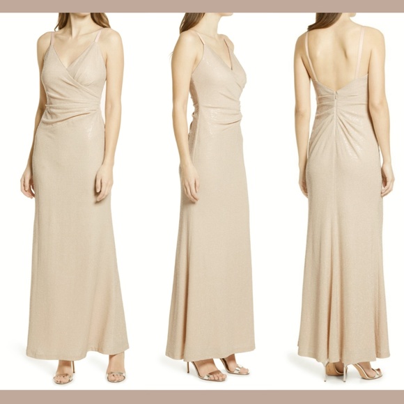 NEW Eliza J [SZ 4 ] Metallic Knit Mermaid Surplice Trumpet Gown Nude‎ - Picture 1 of 12